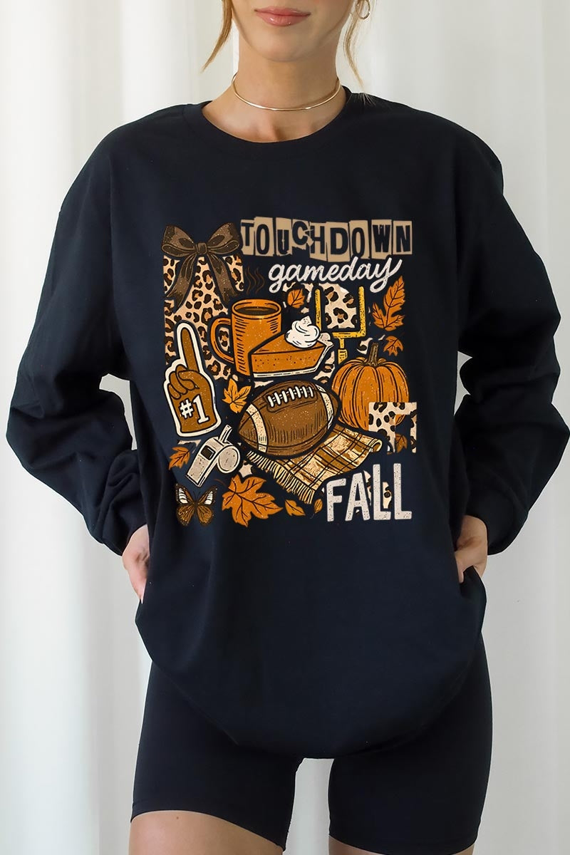 UL240-E3134 Fall Football Collage Graphic Long Sleeve Tee $13.75