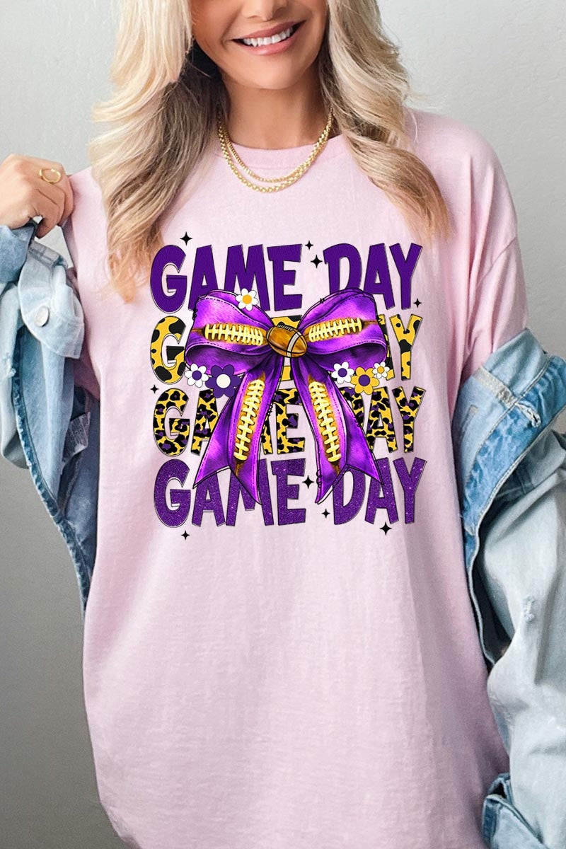 5000-E3092 Purple Football Game Day Bow Heavy Cotton Tee $9