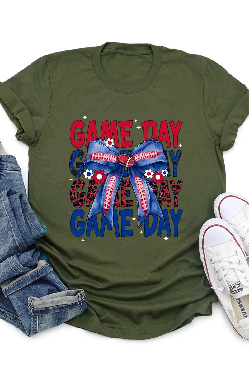 US3001P-E3087 Red Blue Football Game Day Bow Graphic Plus Tee $16