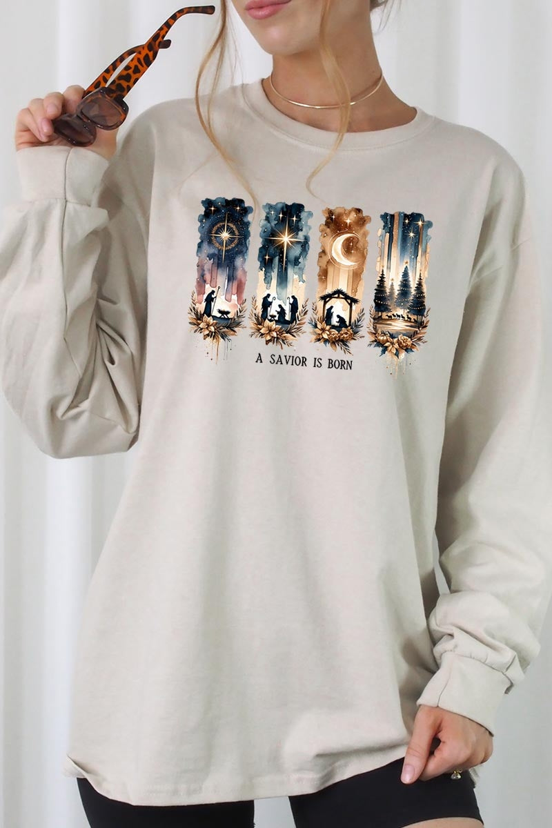 UL240P-E3204 Savior Is Born Nativity Graphic Plus Long Sleeve Tee $17