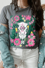 US3001-E3086 Western Floral Cow Skull Graphic Tee $12.5