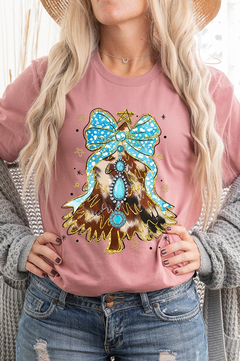 US3001-E3184 Turquoise Christmas Tree Graphic Tee $12.5