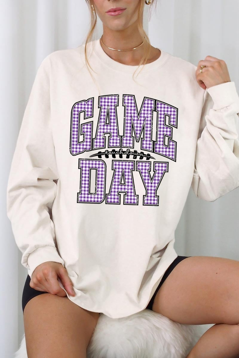 UL240-E3127 Purple Gingham Game Day Graphic Long Sleeve Tee $13.75