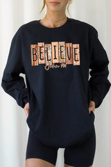 UL240-E3167 Believe Fall Christian Graphic Long Sleeve Tee $13.75