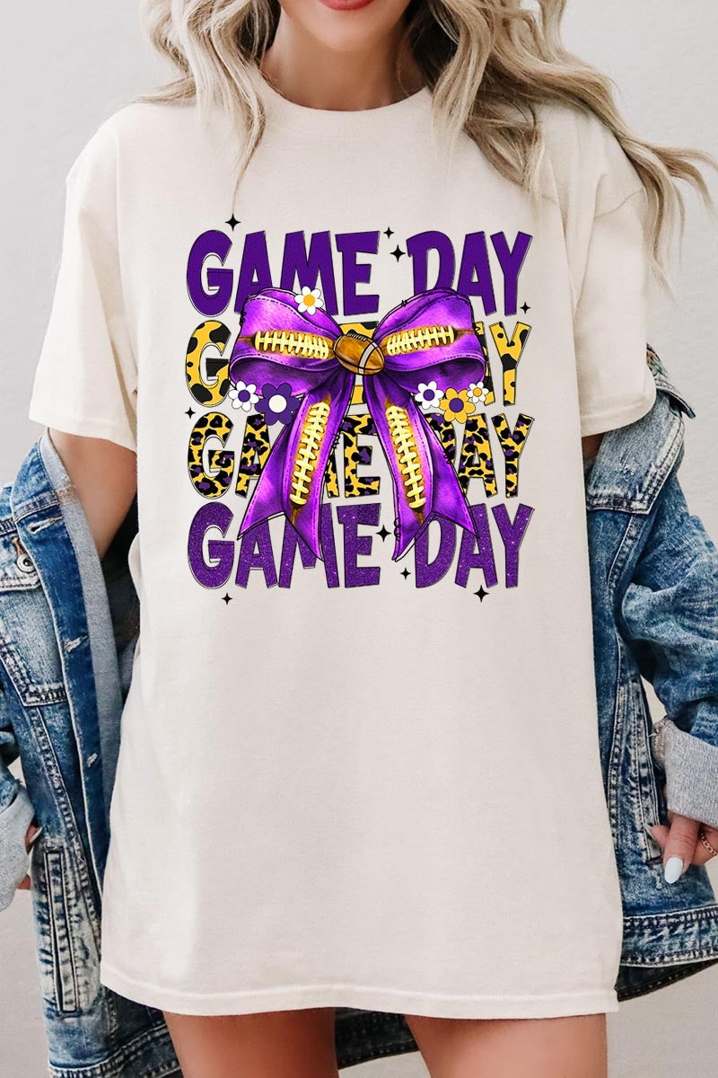 5000P-E3092 Purple Yellow Football Bow Plus Heavy Cotton Tee $12.75