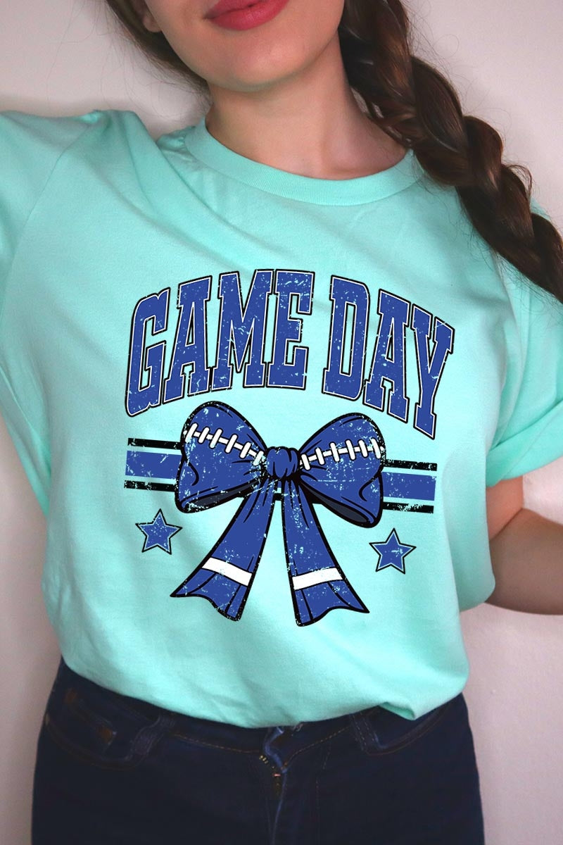 US3001P-E3065 Blue Game Day Football Bow Graphic Plus Tee $16