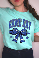 US3001-E3065 Blue Game Day Football Bow Graphic Tee $12.5