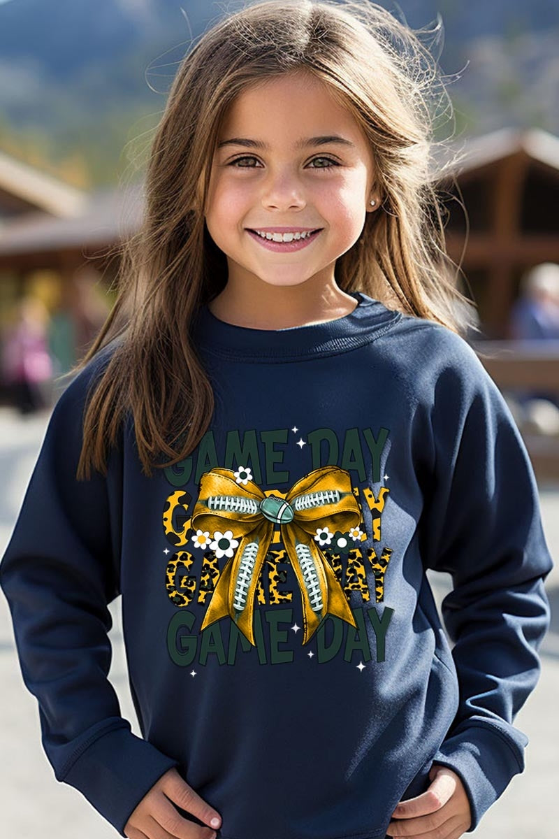 UL180B-E3090Z Yellow Football Game Day Bow Kids Sweatshirt $20