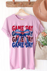 US3001-E3087 Red Blue Football Game Day Bow Graphic Tee $12.5