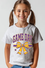 US3001Y-E3063Z Purple Game Day Football Bow Kids Graphic Tee $11