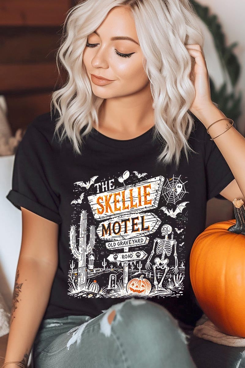 US3001-E3108 Skellie Motel Halloween Graphic Tee $12.5