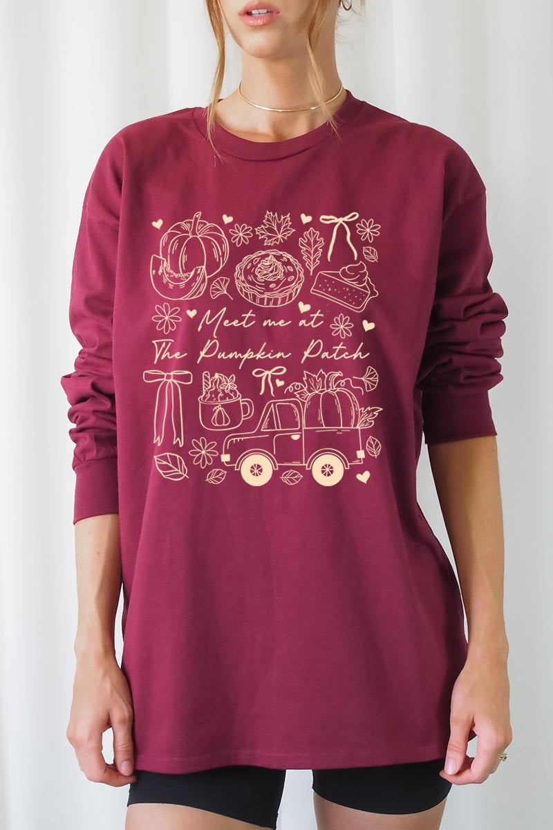 UL240P-E3163 Pumpkin Patch Doodle Graphic Plus Long Sleeve Tee $17