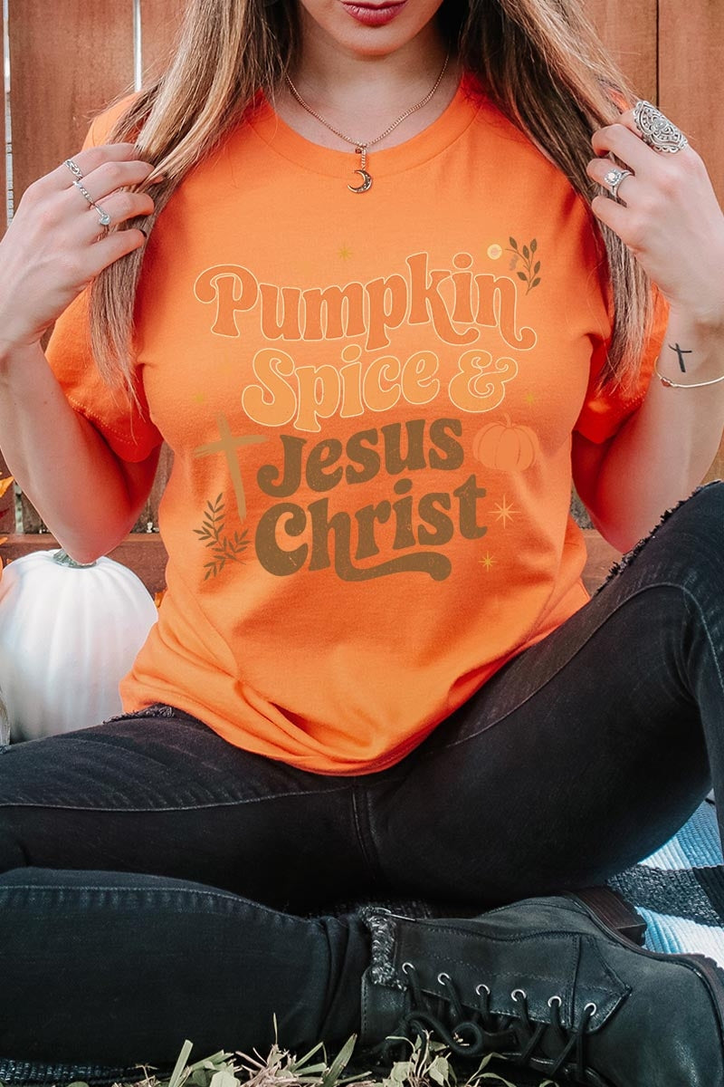 US3001P-E3164 Pumpkin Spice & Jesus Graphic Plus Tee $16