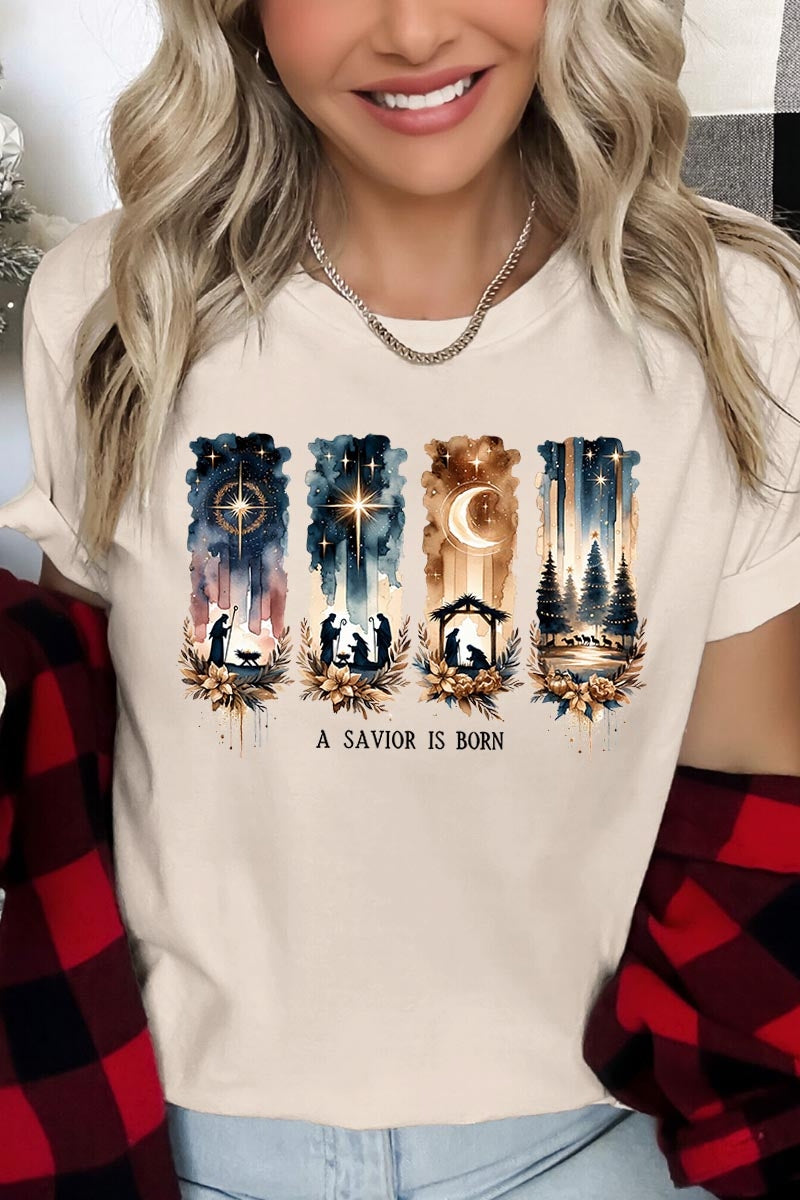 US3001P-E3204 Savior Is Born Nativity Graphic Plus Tee $16