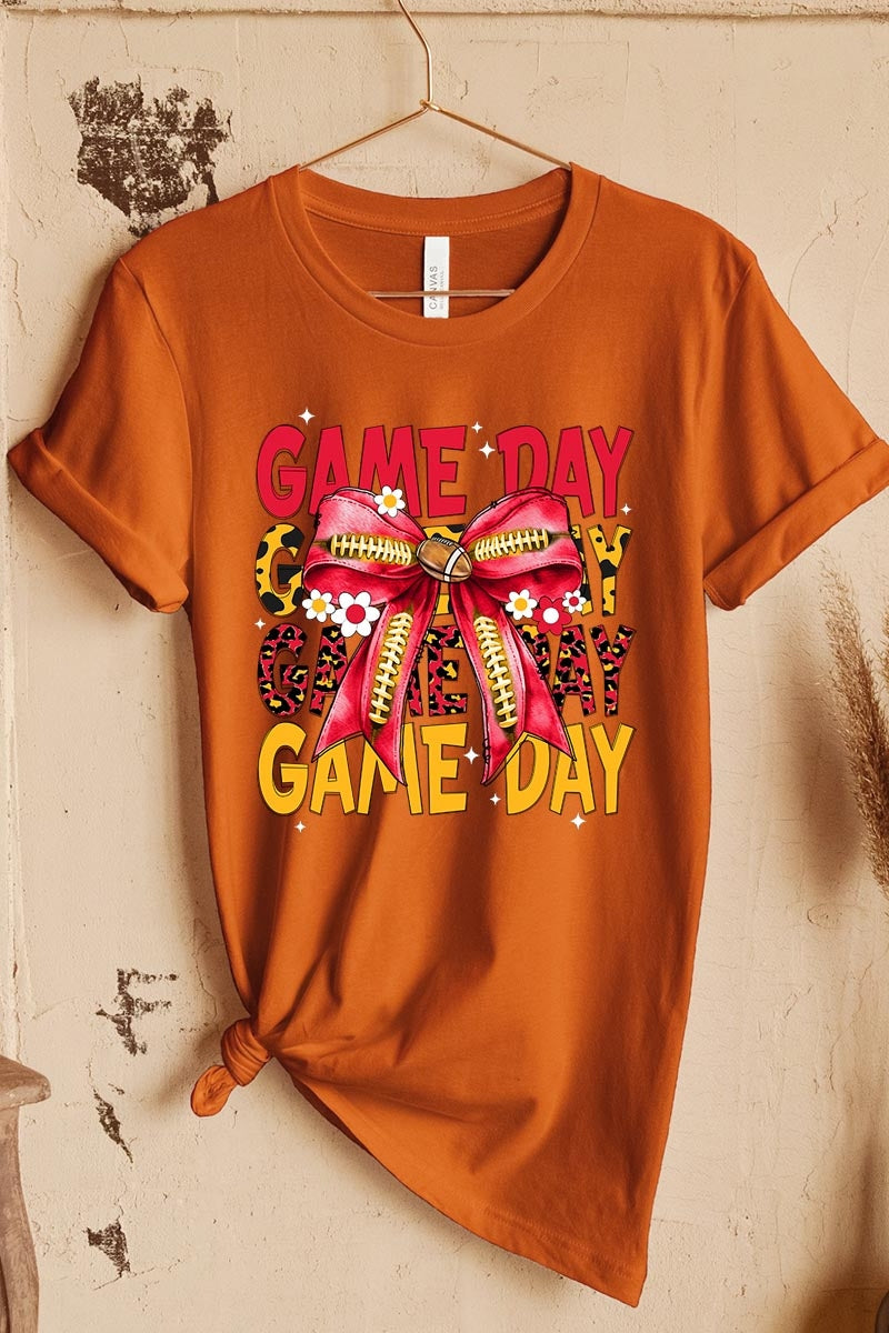 US3001P-E3091 Red Yellow Football Game Day Bow Graphic Plus Tee $16