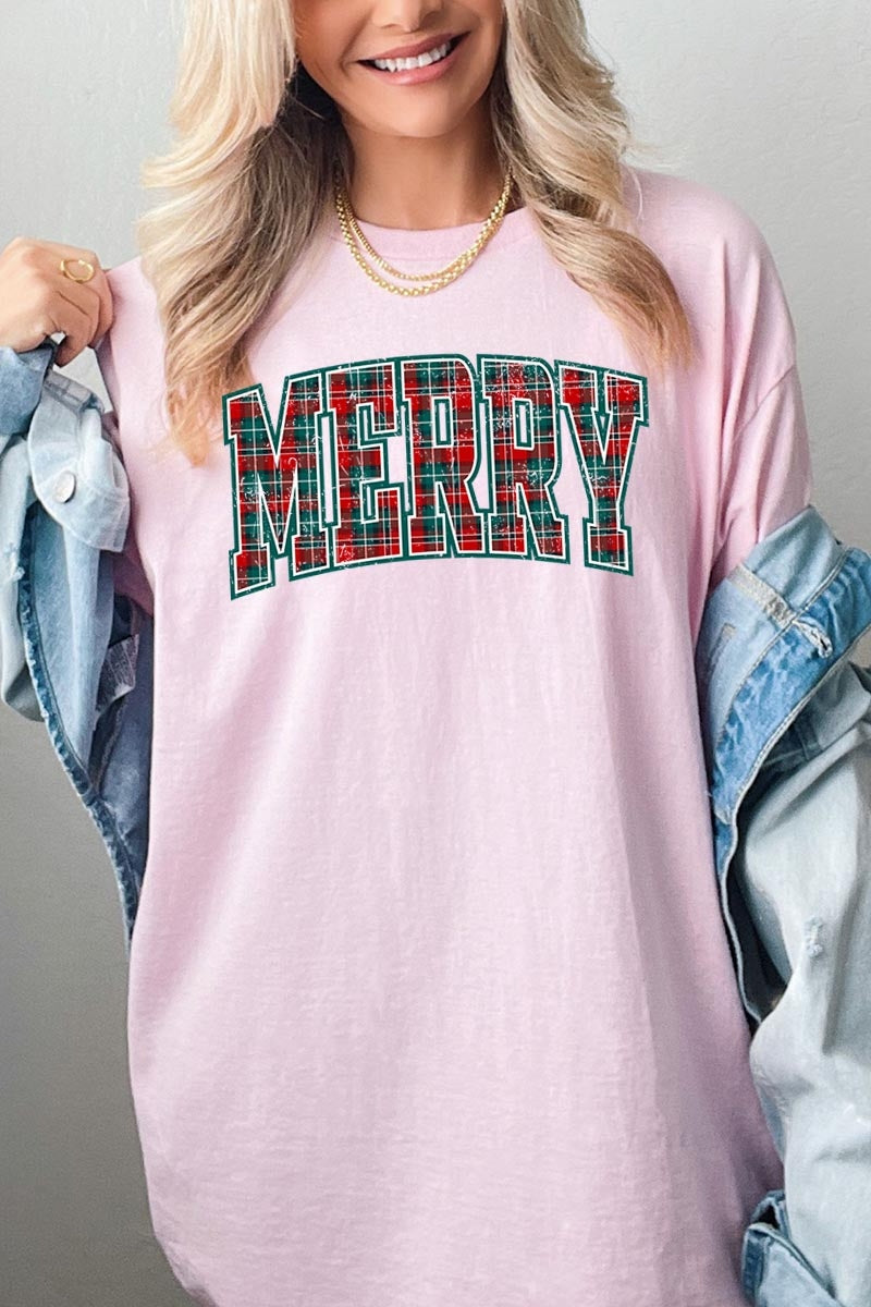 5000P-E3210 Classic Plaid Merry Graphic Plus Heavy Cotton Tee $12.75