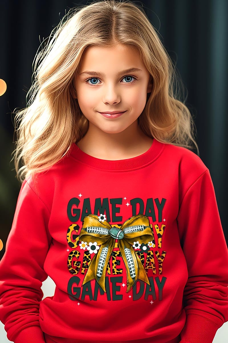 UL180B-E3090Z Yellow Football Game Day Bow Kids Sweatshirt $20