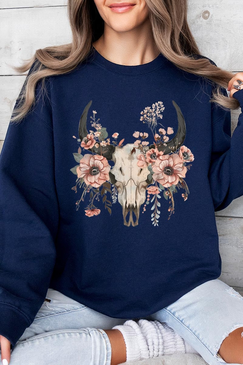 UL180P-E3113 Western Skull Floral Graphic Plus Sweatshirt $25