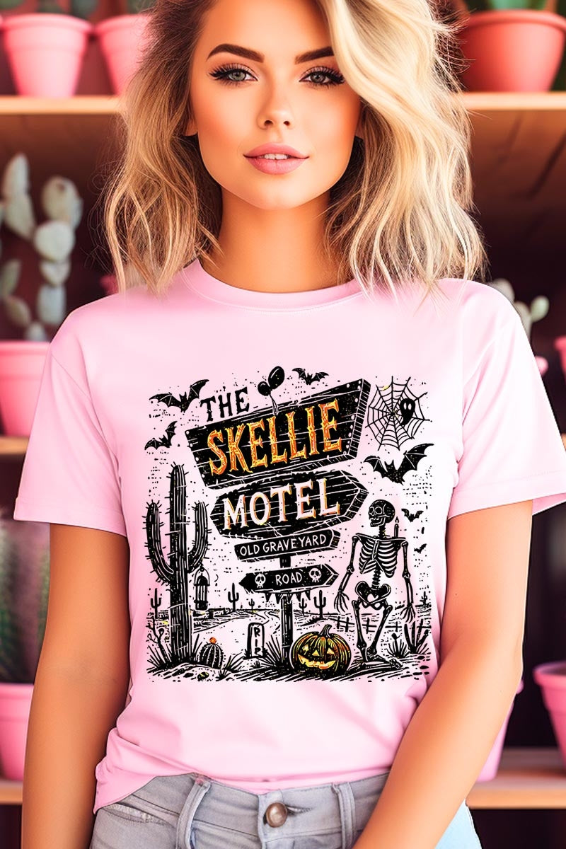 US3001-E3108 Skellie Motel Halloween Graphic Tee $12.5