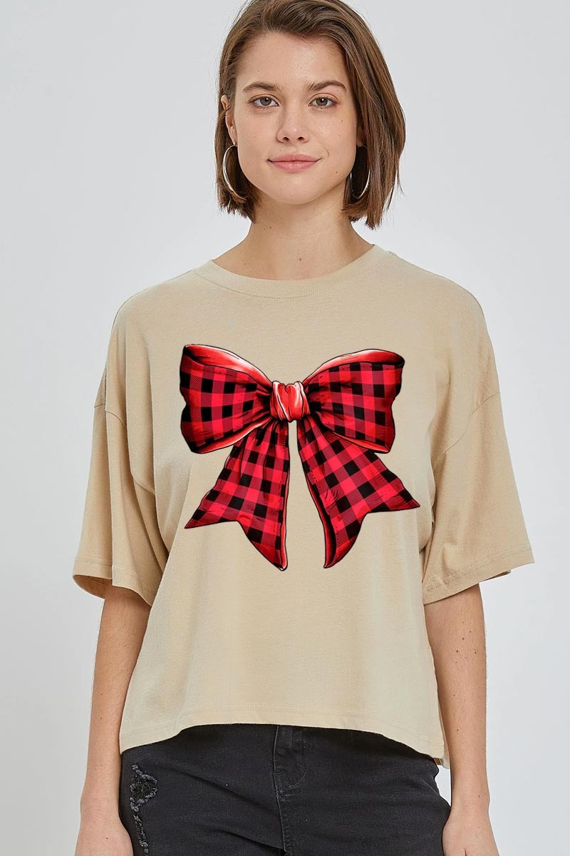 CTS-E3198 Red Buffalo Plaid Bow Graphic Relaxed Crop Top $11