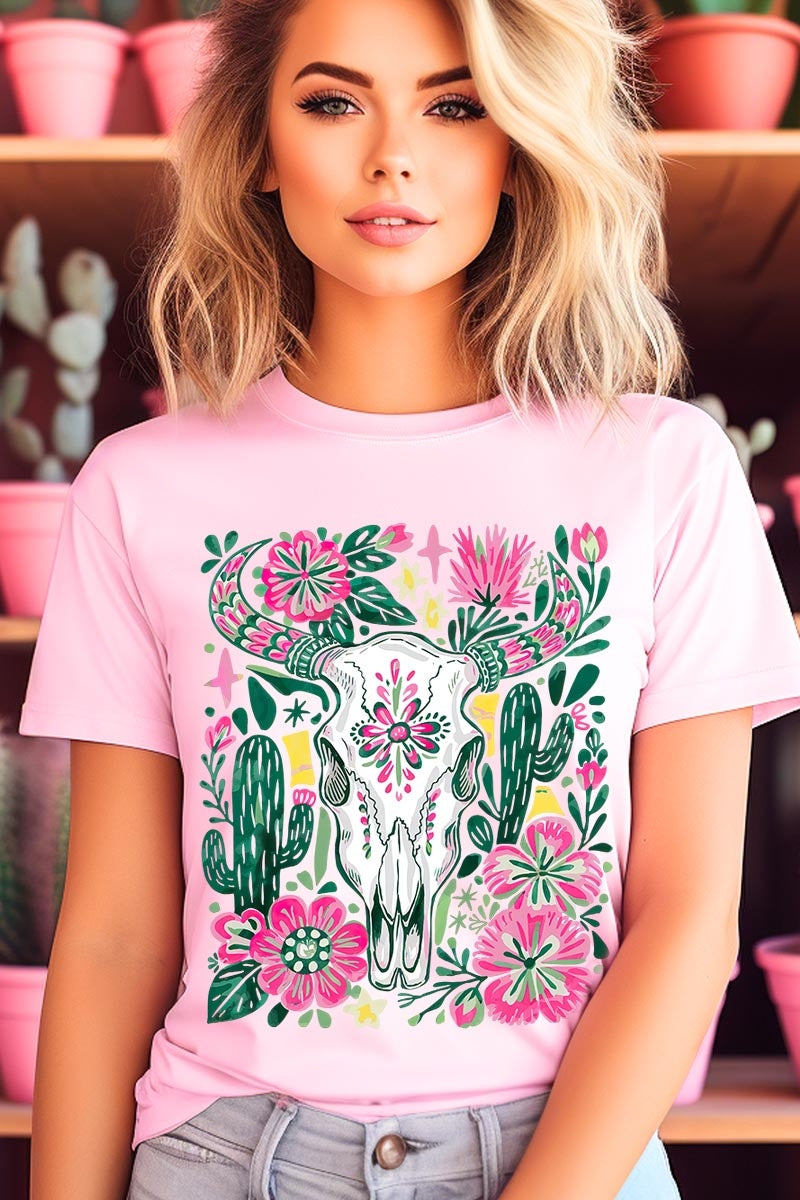 US3001-E3086 Western Floral Cow Skull Graphic Tee $12.5