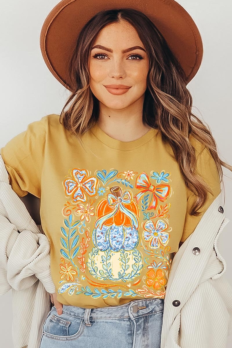 US3001P-E3153 Floral Pumpkin Stack Graphic Plus Tee $16