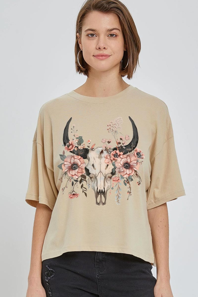 CTS-E3113 Western Skull Floral Graphic Relaxed Crop Top $11