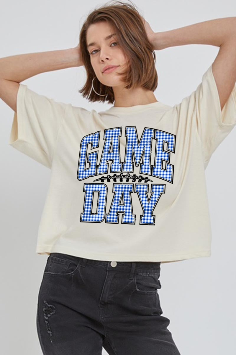 CTS-E3130 Blue Gingham Game Day Graphic Relaxed Crop Top $11