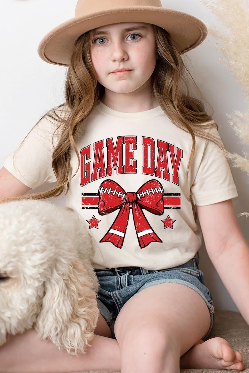 US3001Y-E3062Z Red Game Day Football Bow Kids Graphic Tee $11