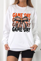 UL240-E3088 Orange Black Football Game Day Bow Long Sleeve Tee $13.75