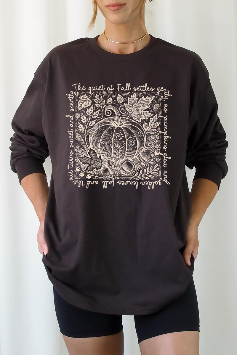 UL240-E3112 Fall Pumpkin Botanical Graphic Long Sleeve Tee $13.75