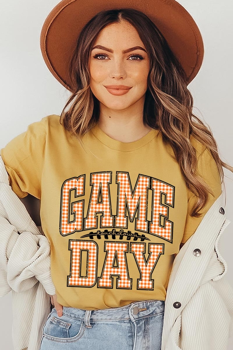 US3001-E3129 Orange Gingham Game Day Graphic Tee $12.5