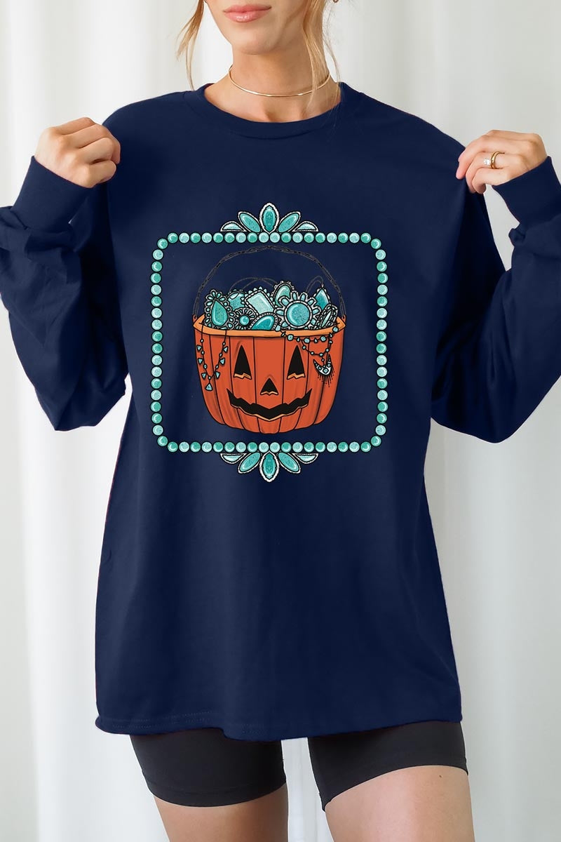 UL240P-E3140 Halloween turquoise pumpkin Plus Long Sleeve Tee $17
