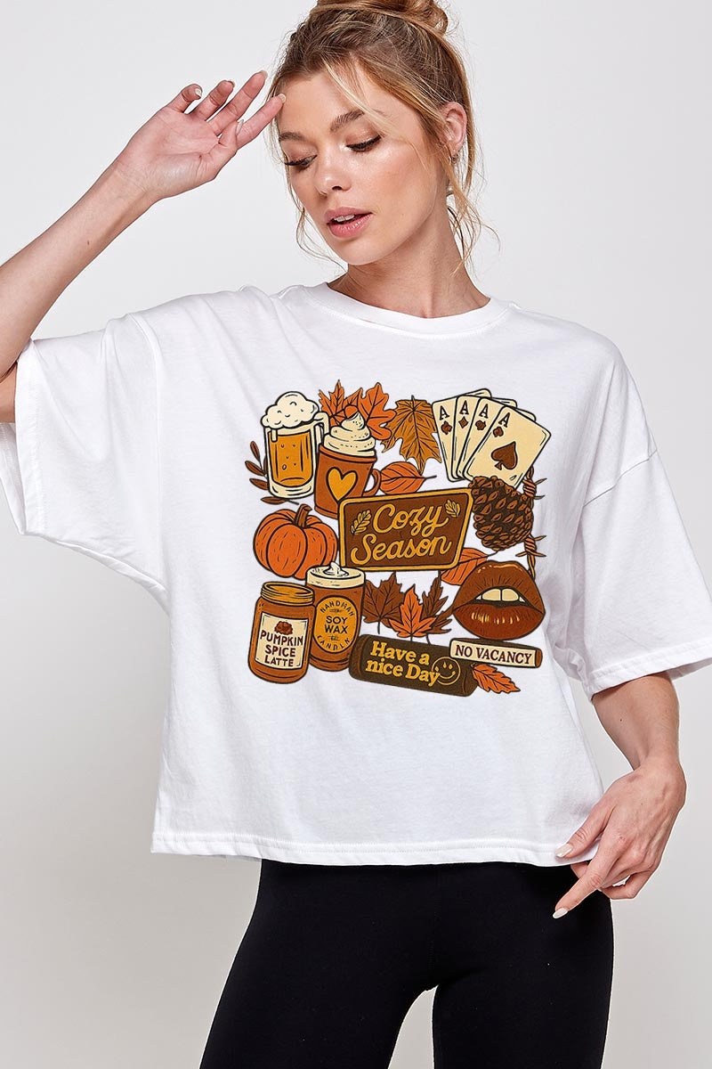 CTS-E3119 Retro Fall Collage Graphic Relaxed Crop Top $11