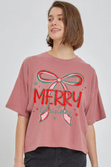 CTS-E3197 Merry Christmas Bow Graphic Relaxed Crop Top $11