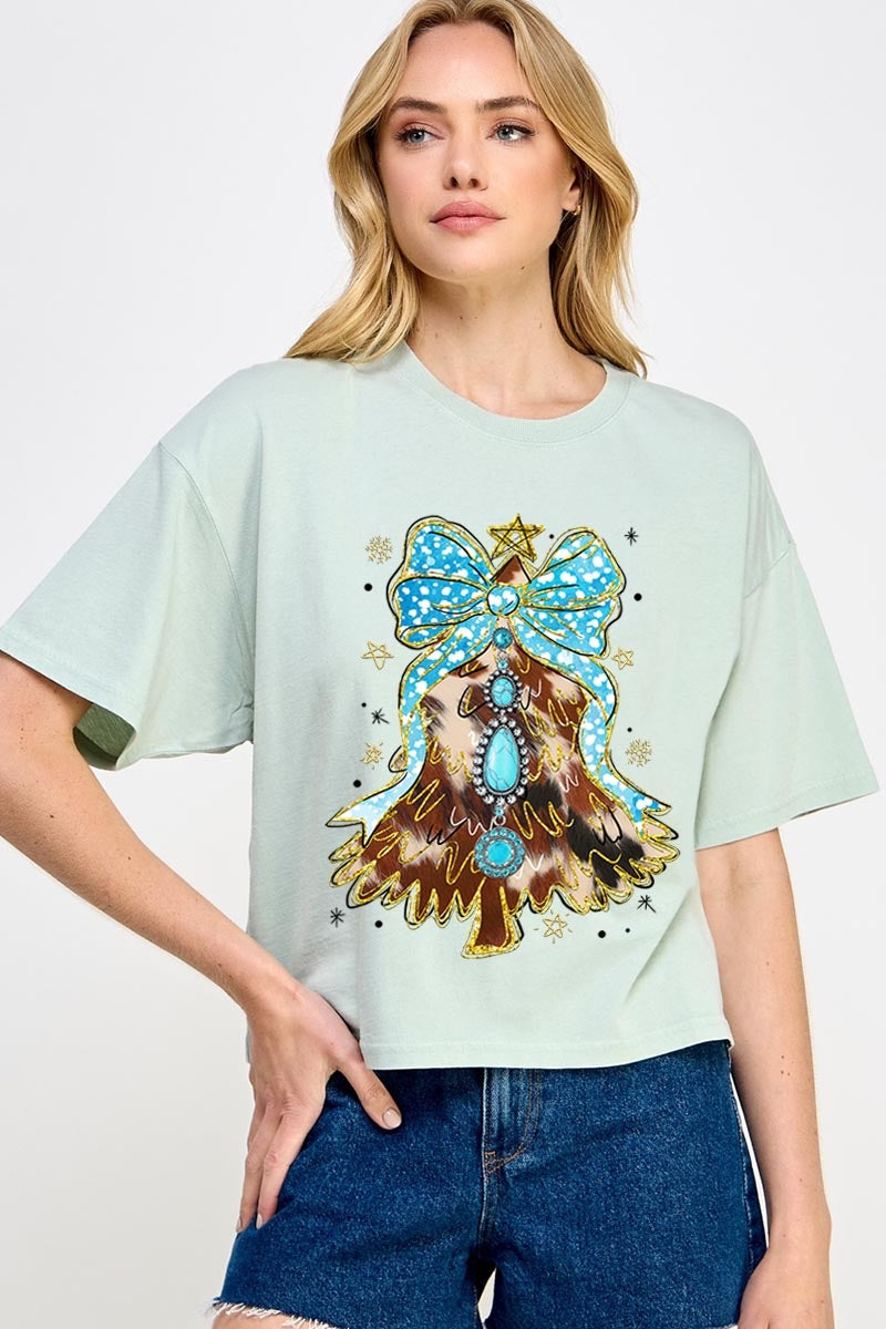 CTS-E3184 Turquoise Christmas Tree Graphic Relaxed Crop Top $11