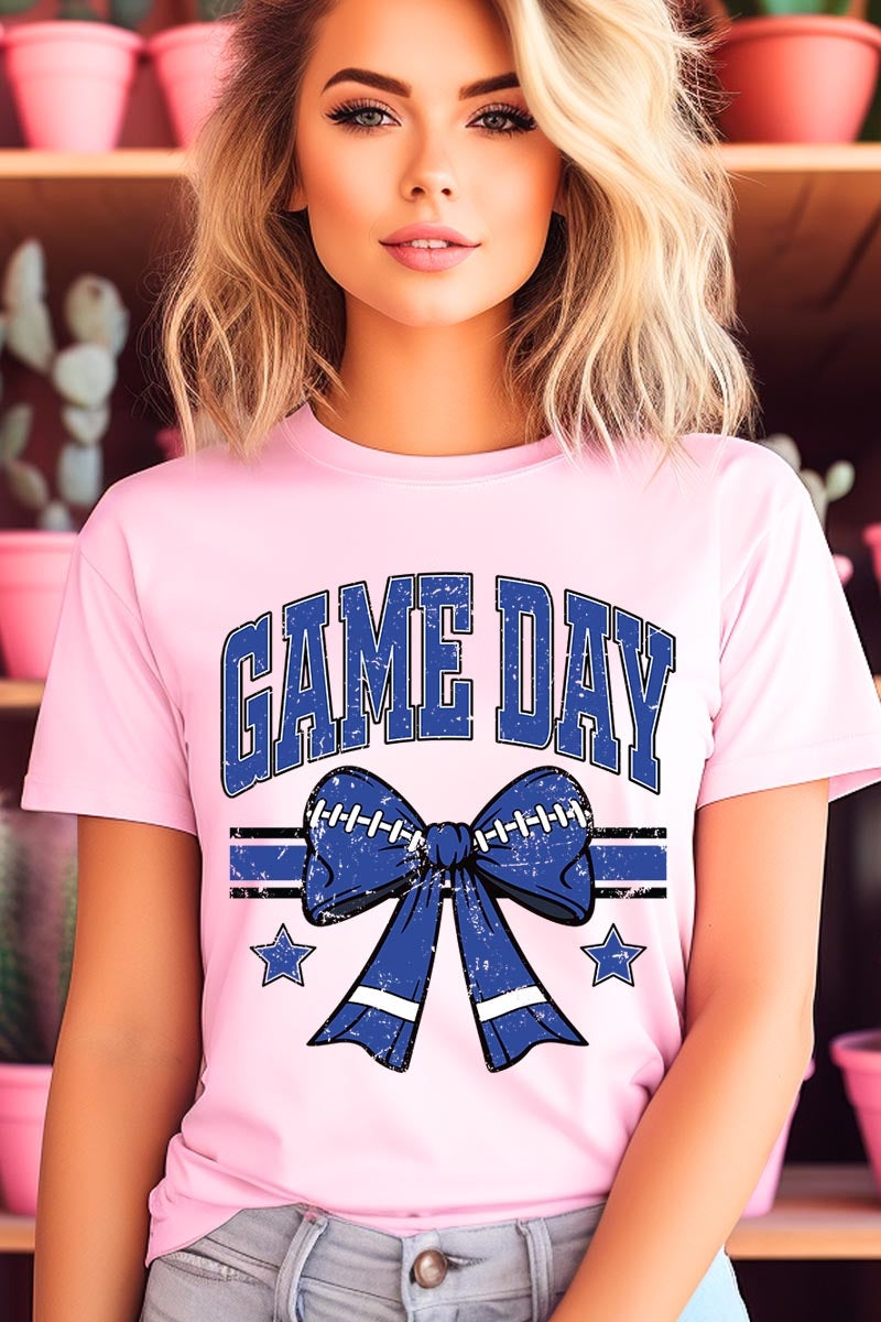 US3001-E3065 Blue Game Day Football Bow Graphic Tee $12.5