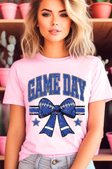 US3001-E3065 Blue Game Day Football Bow Graphic Tee $12.5