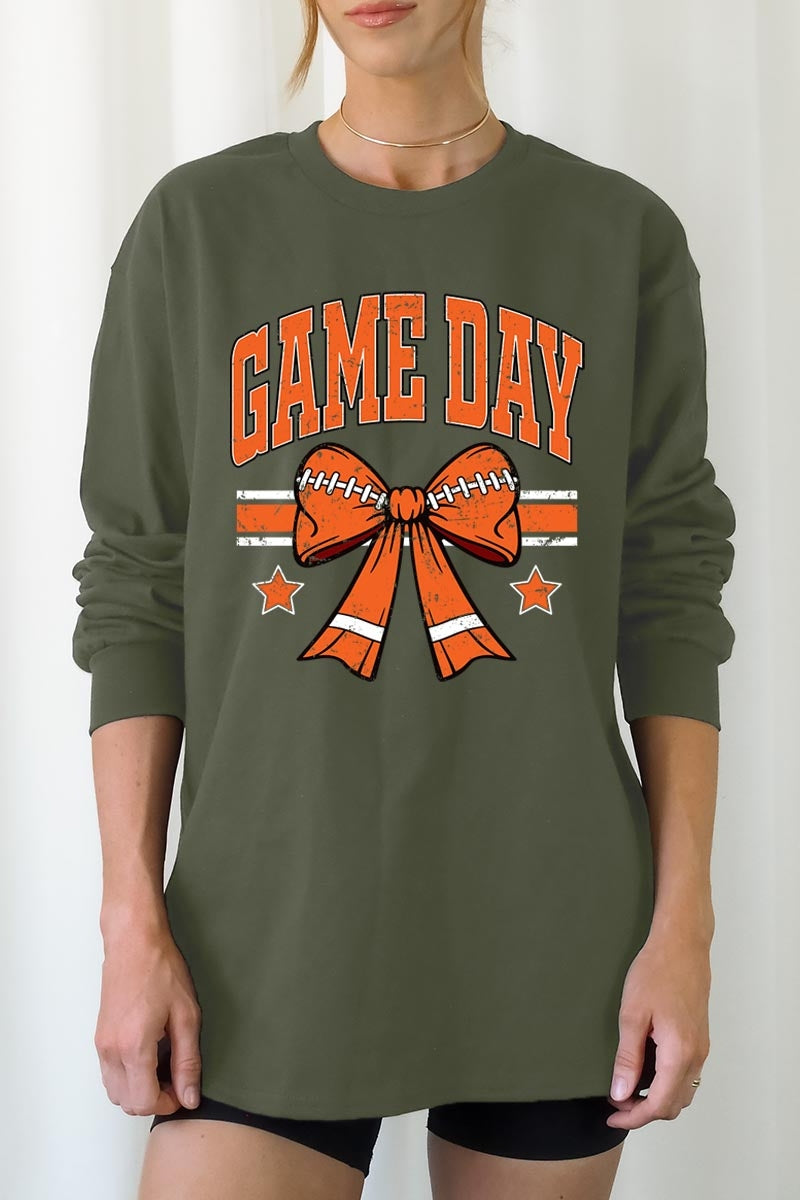 UL240-E3064 Orange Game Day Football Bow Long Sleeve Tee $13.75