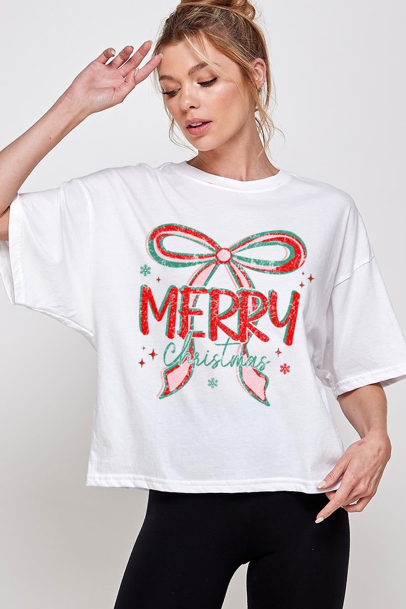 CTS-E3197 Merry Christmas Bow Graphic Relaxed Crop Top $11