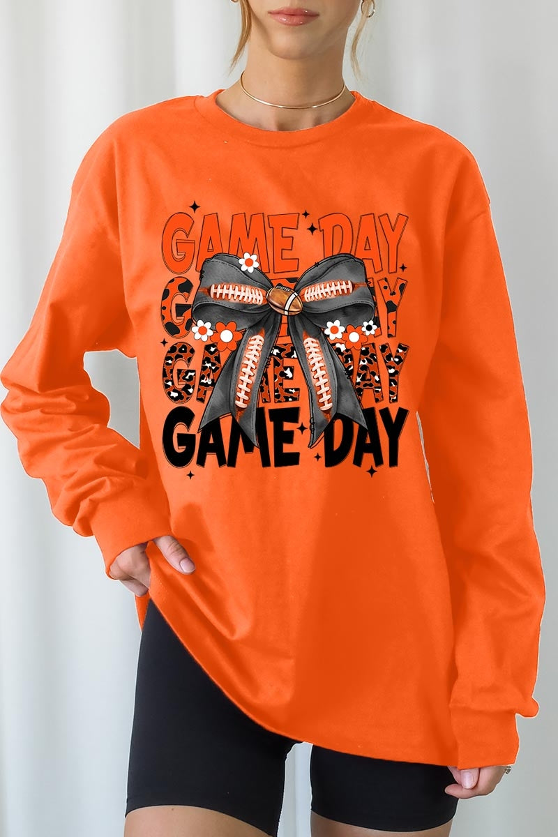 UL240-E3088 Orange Black Football Game Day Bow Long Sleeve Tee $13.75