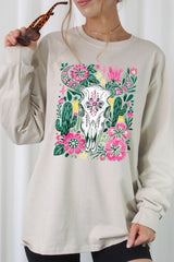 UL240-E3086 Western Floral Cow Skull Graphic Long Sleeve Tee $13.75