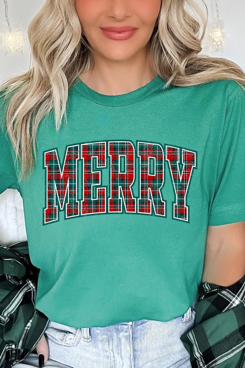 US3001-E3210 Classic Plaid Merry Graphic Tee $12.5