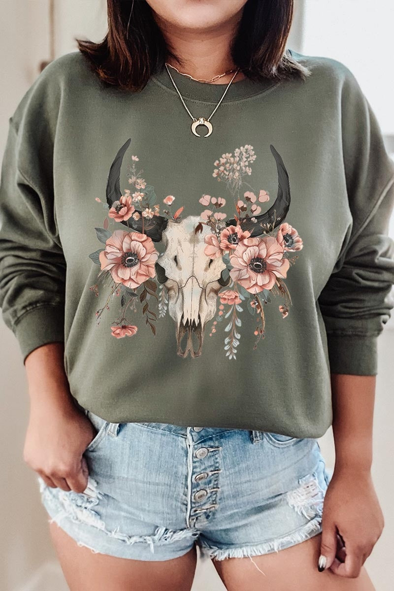 UL180-E3113 Western Skull Floral Graphic Sweatshirt $20