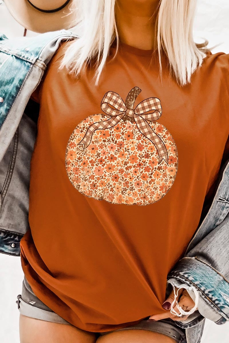 US3001P-E3135 Floral Fall Pumpkin Graphic Plus Tee $16