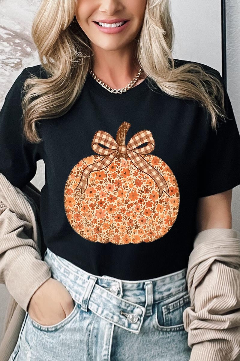 US3001-E3135 Floral Fall Pumpkin Graphic Tee $12.5