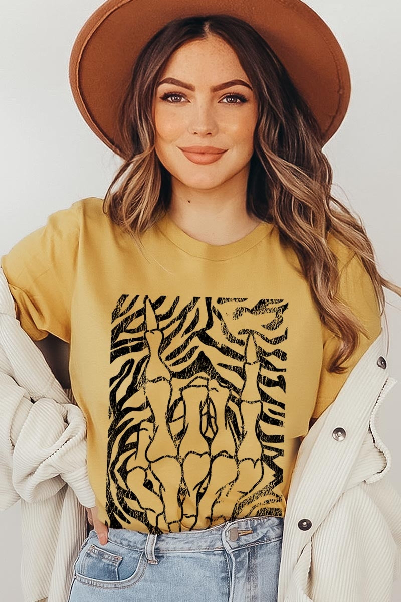 US3001P-E3177 Skeleton Hands Zebra Graphic Plus Tee $16