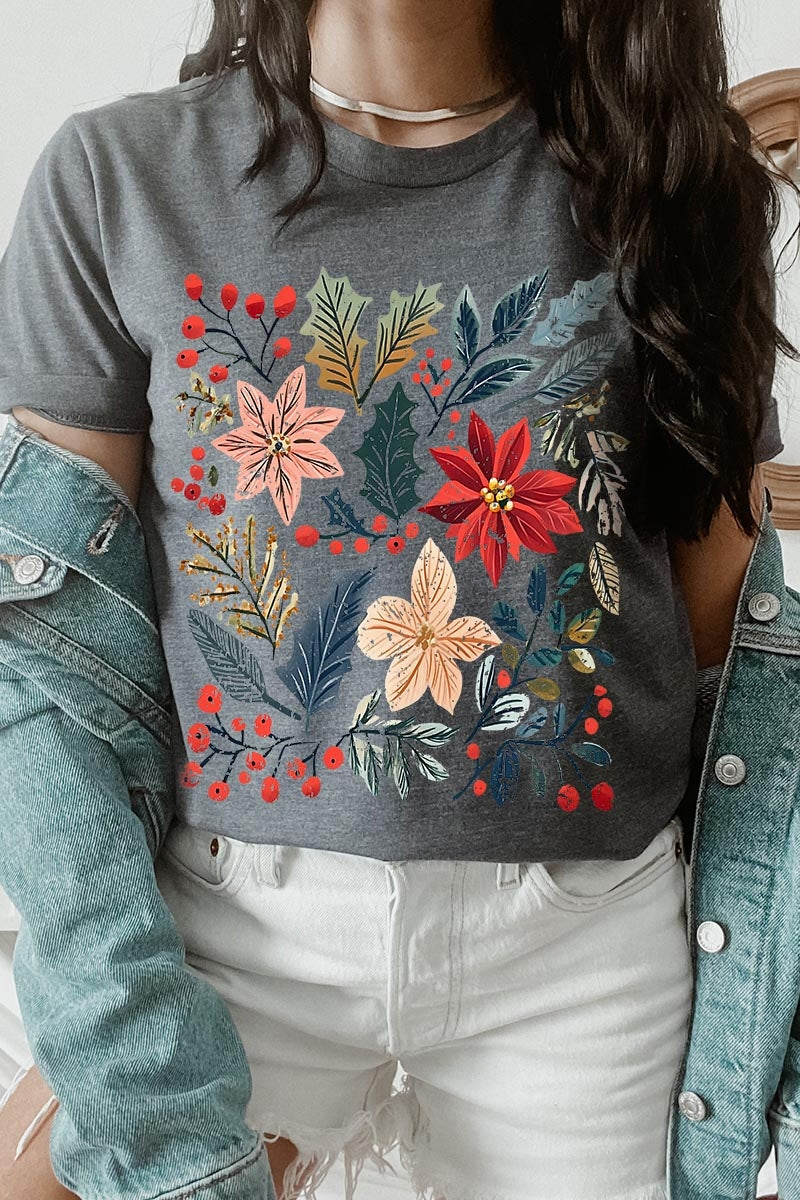 US3001-E3186 Floral Christmas Graphic Tee $12.5