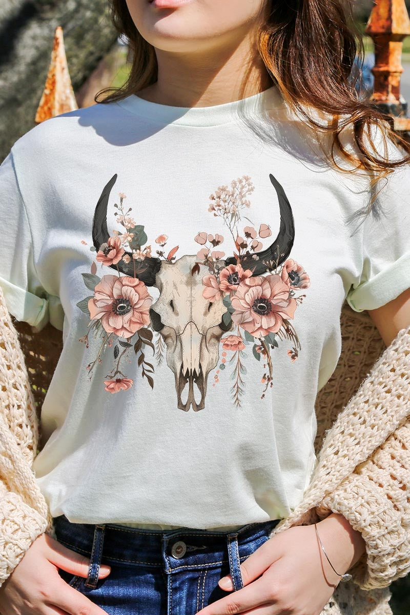 US3001-E3113 Western Skull Floral Graphic Tee $12.5
