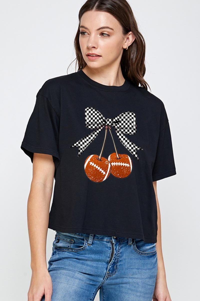 CTS-E3055 Football Cherries Graphic Relaxed Crop Top $10.5